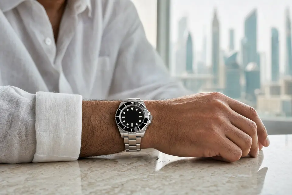 A steel watch on a man’s wrist in a bright Dubai apartment